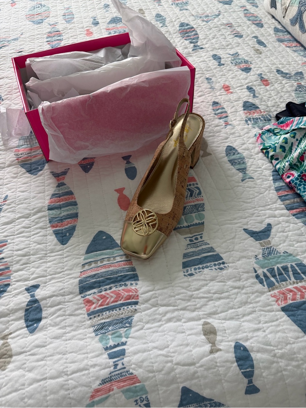 Lilly Pulitzer Gold & Tan Open-Toe Slingback Wedge